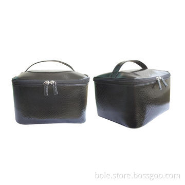 Cosmetic bag with nylon zipper closure and double puller, made of PVC leather